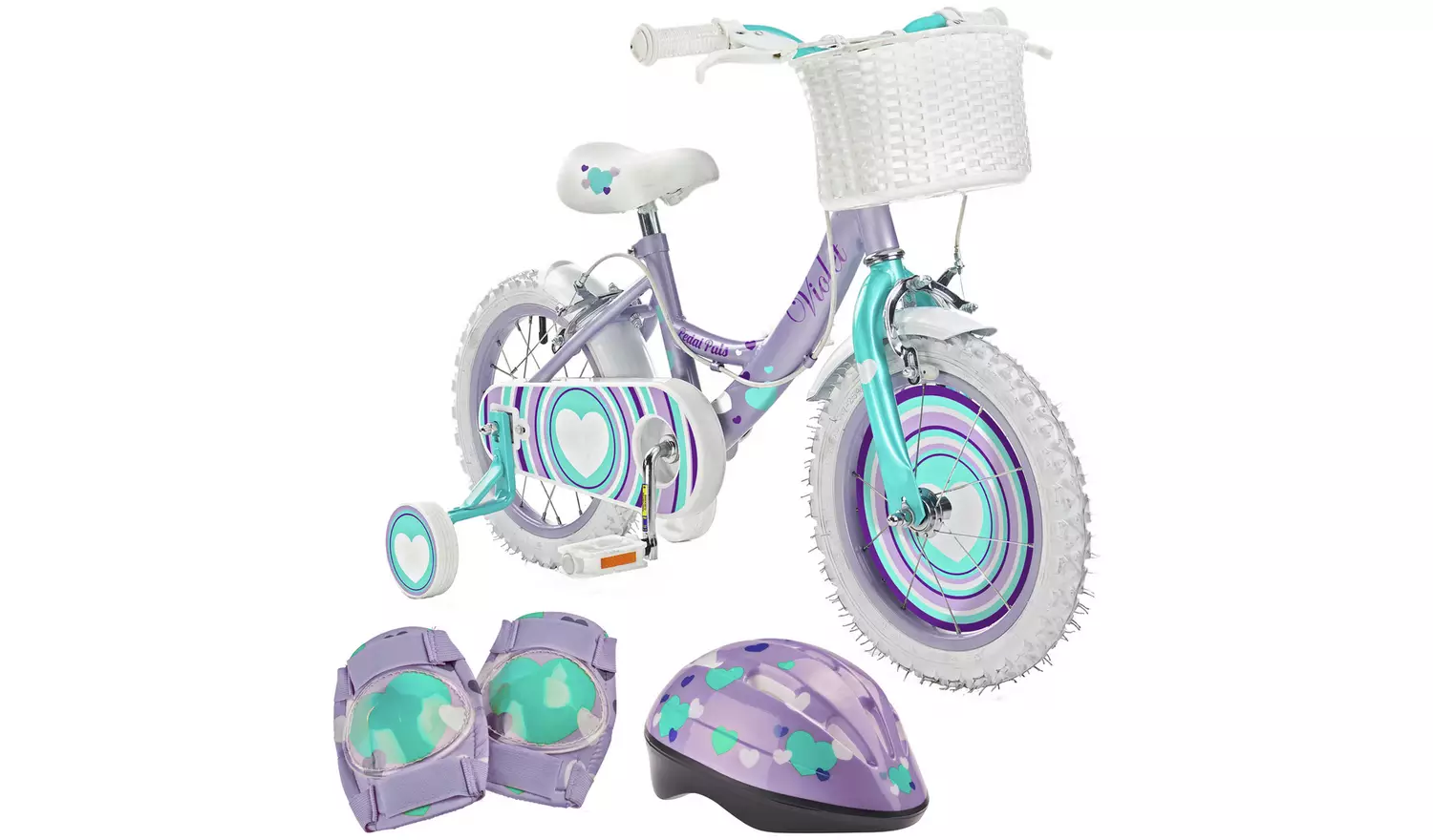 Pedal Pals Violet Hearts 14 inch Bike, Helmet & Knee Pads – PRE-BUILT